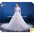 Por encargo de cristal blanco rebordeado vestido de boda vestido de bola con cola larga de hombro vestido de novia de tul blanco